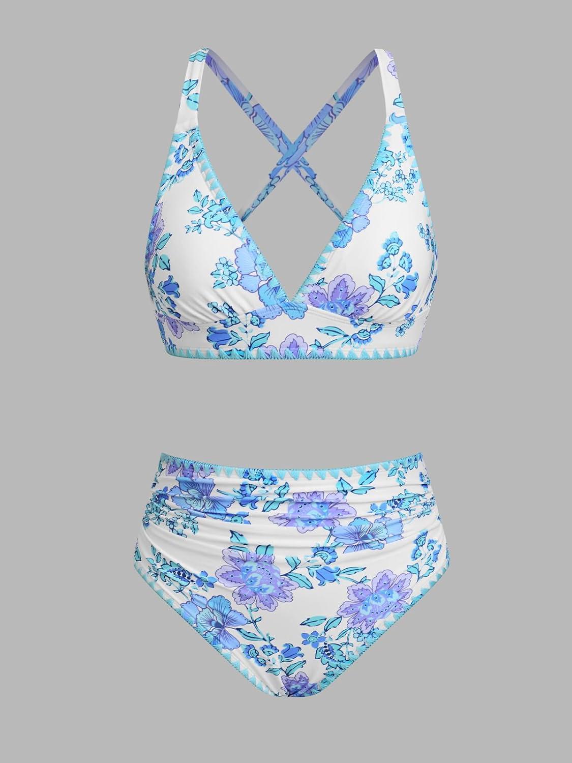 imageCUPSHE Womens Bikini Sets High Waisted Swimsuit Deep V Neck Crisscross Back Tie Stitching Ruched Full CoverageWhiteLight Blue