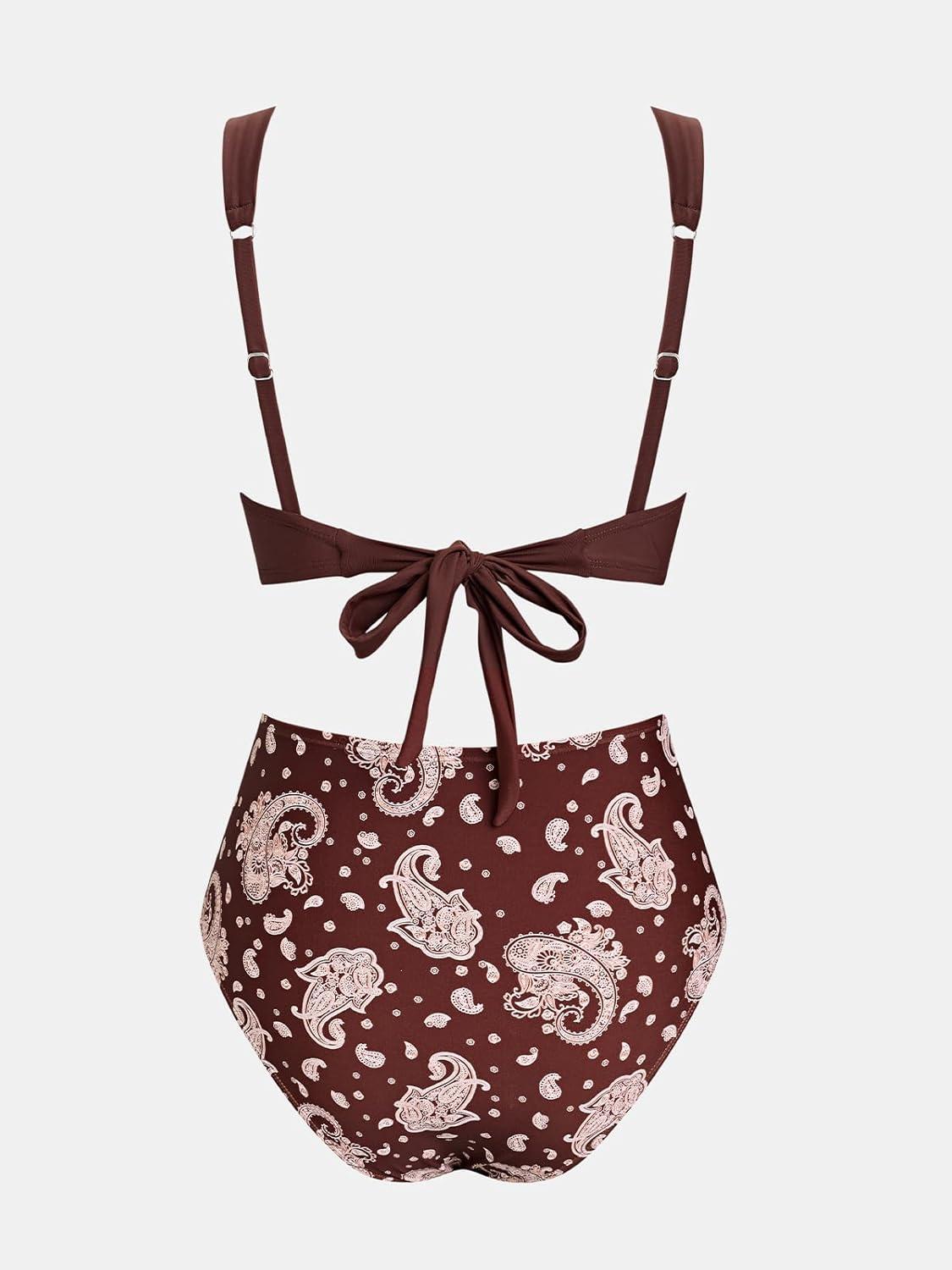 imageCUPSHE Womens Bikini Sets High Waisted V Neck Two Piece Twist Front Back Self Tie Adjustable Straps Bathing SuitBrown Paisley