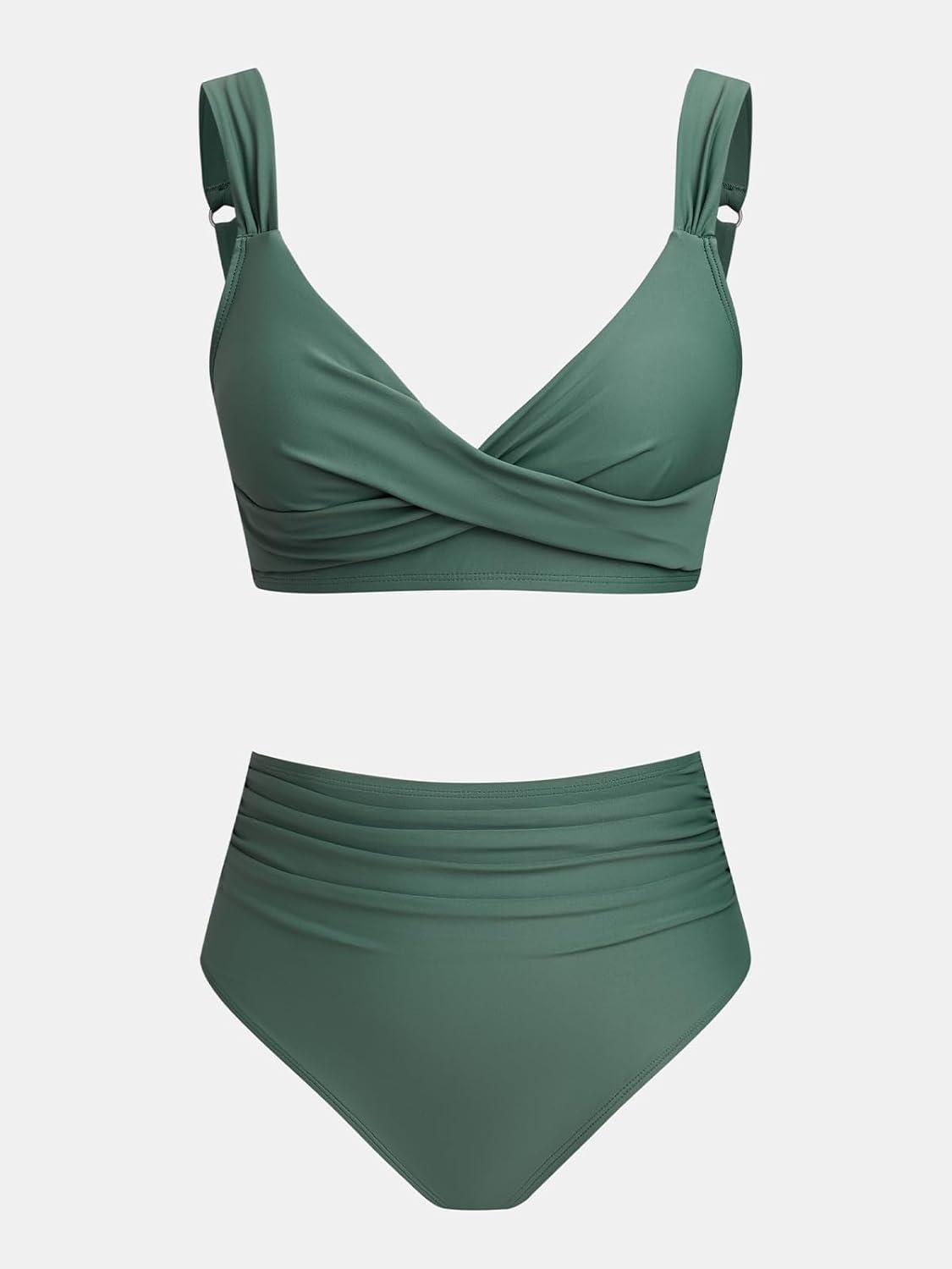 imageCUPSHE Womens Bikini Sets High Waisted V Neck Two Piece Twist Front Back Self Tie Adjustable Straps Bathing SuitForest Green