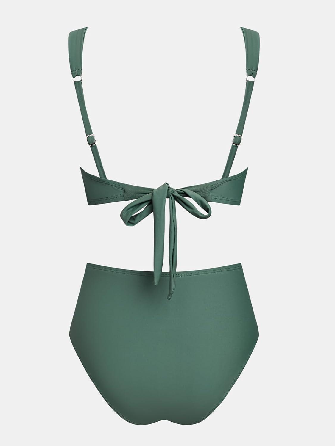 imageCUPSHE Womens Bikini Sets High Waisted V Neck Two Piece Twist Front Back Self Tie Adjustable Straps Bathing SuitForest Green