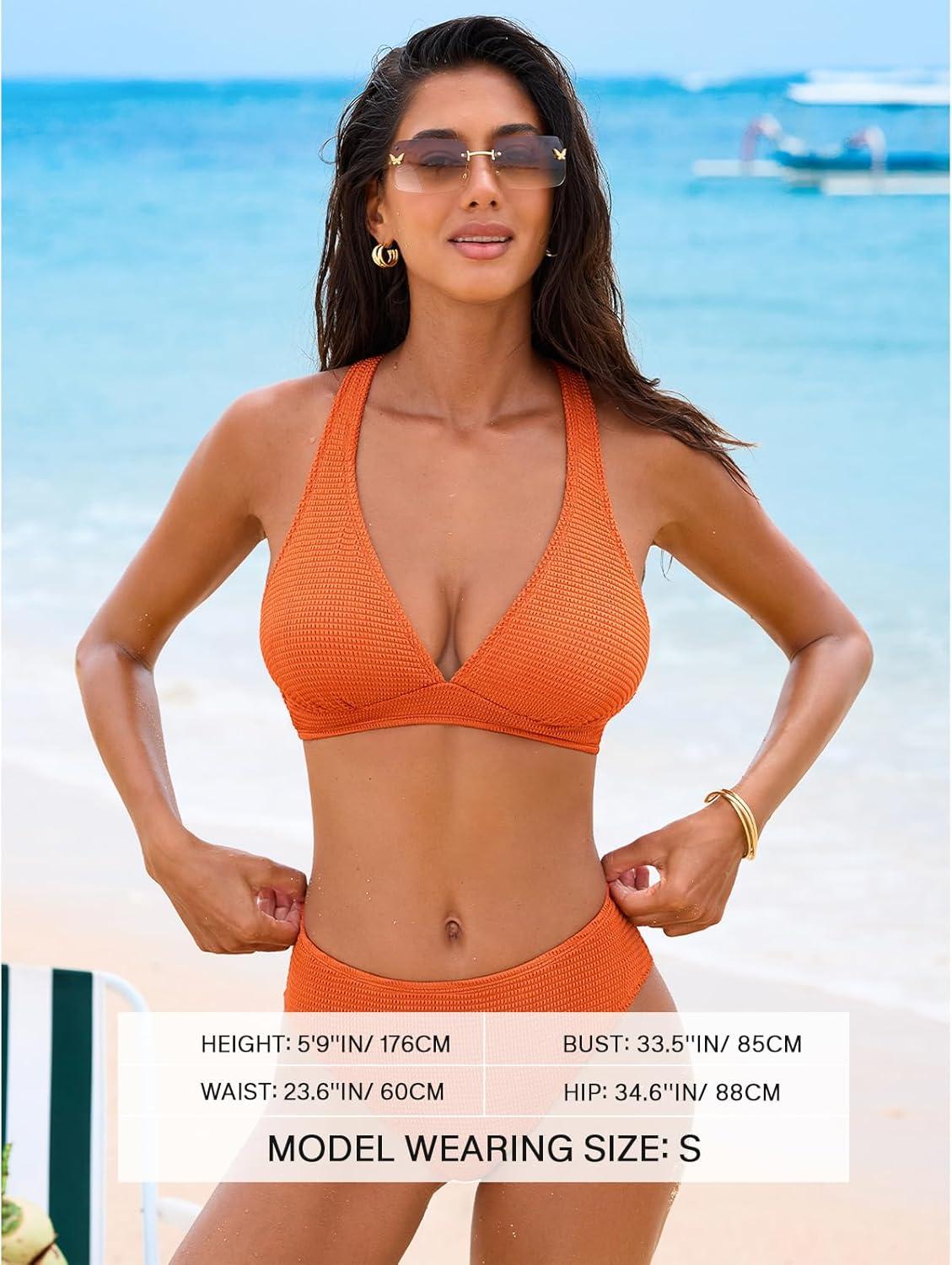 imageCUPSHE Womens Bikini Sets Plunge V Neck Self Tie Two Piece Swimsuit Crisscross Adjustable Straps Mid Rise TexturedOrange