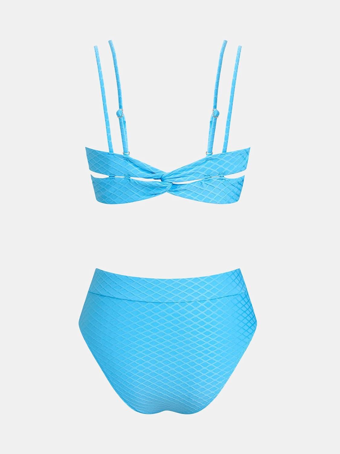 imageCUPSHE Womens Bikini Sets Scoop Neck High Waisted Two Piece Swimsuits Adjustable Straps Swimwear Cheeky High CutSky Blue
