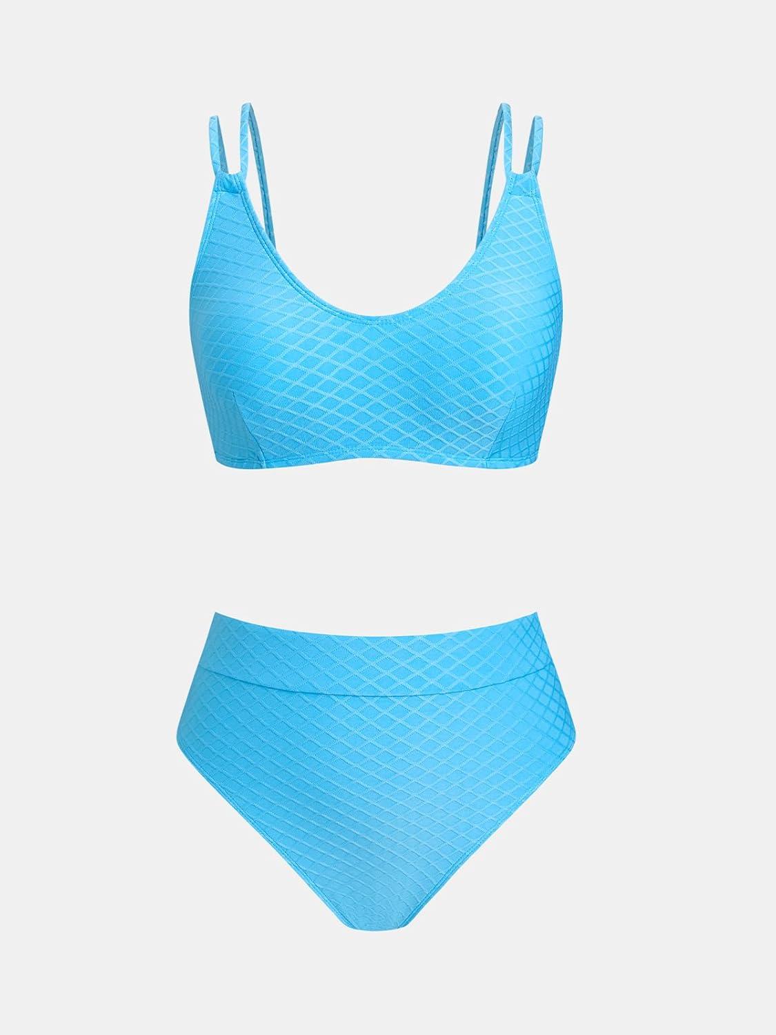 imageCUPSHE Womens Bikini Sets Scoop Neck High Waisted Two Piece Swimsuits Adjustable Straps Swimwear Cheeky High CutSky Blue