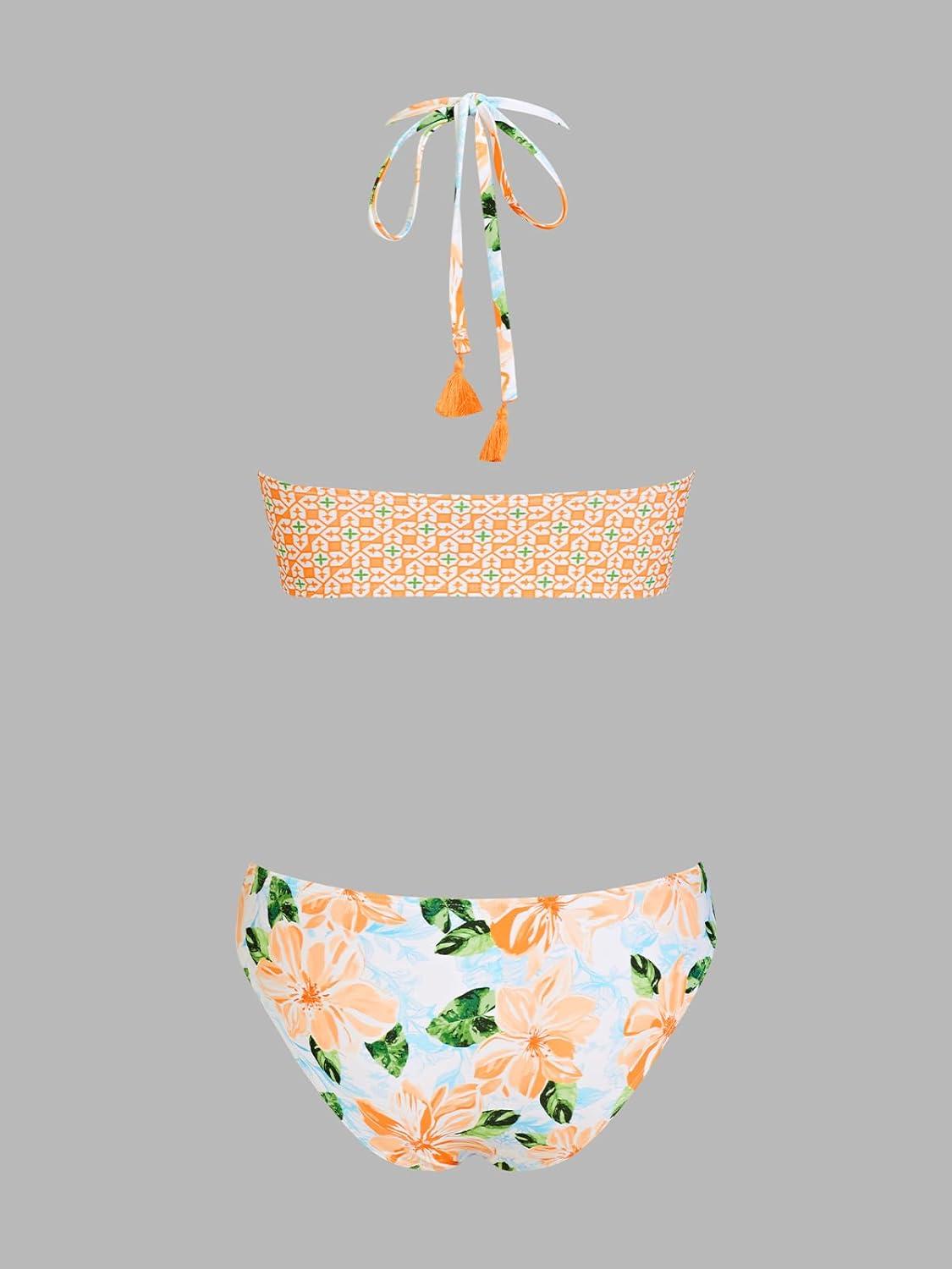 imageCUPSHE Womens Bikini Sets Two Piece Swimsuit Halter Bathing Suits V Neck Front Strappy TieYellow Floral