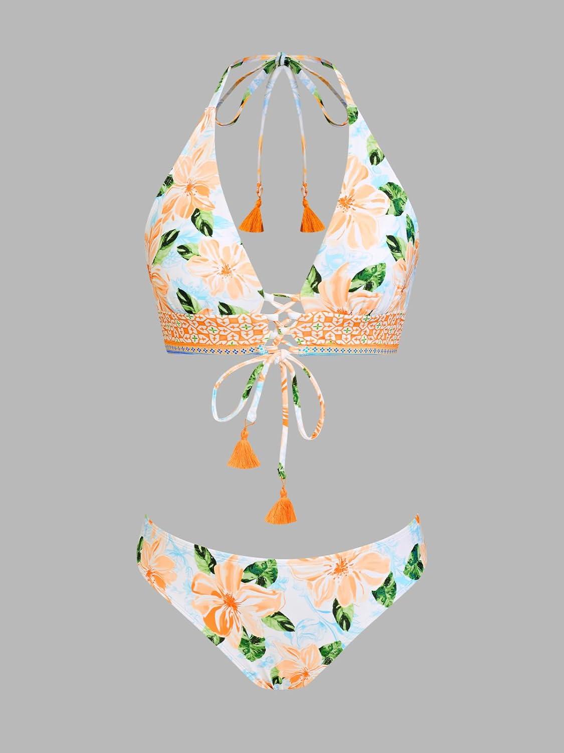 imageCUPSHE Womens Bikini Sets Two Piece Swimsuit Halter Bathing Suits V Neck Front Strappy TieYellow Floral
