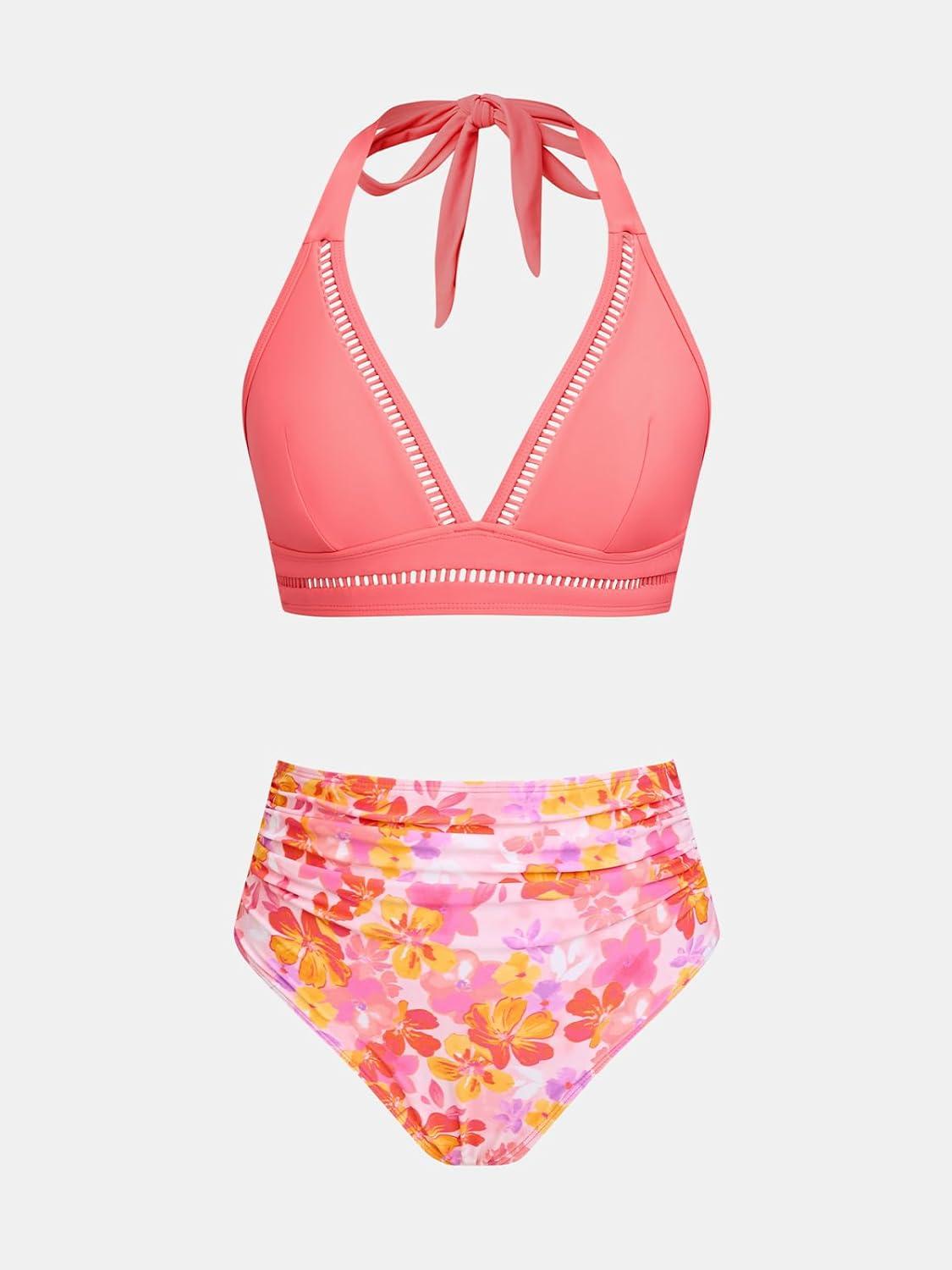 imageCUPSHE Womens Bikini Sets Two Piece Swimsuit High Waisted Bathing Suit V Neck Cutout Halter Back TiePinkFloral