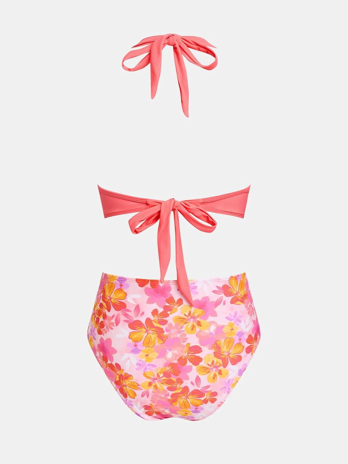 imageCUPSHE Womens Bikini Sets Two Piece Swimsuit High Waisted Bathing Suit V Neck Cutout Halter Back TiePinkFloral