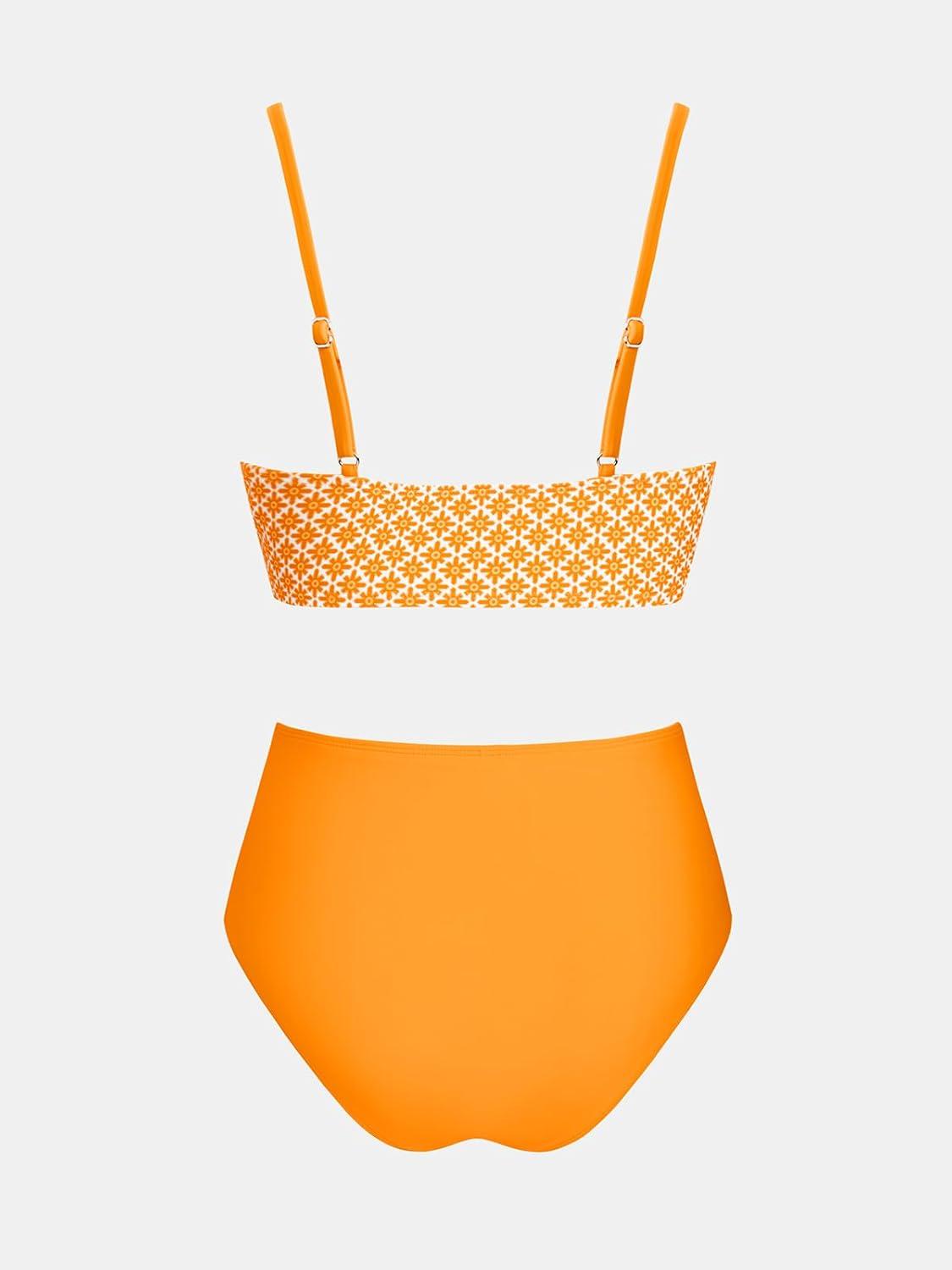 imageCUPSHE Womens Bikini Sets Two Piece Swimsuit High Waisted V Neck Twist Front Adjustable Spaghetti Straps Bathing SuitBright Yellow Floral