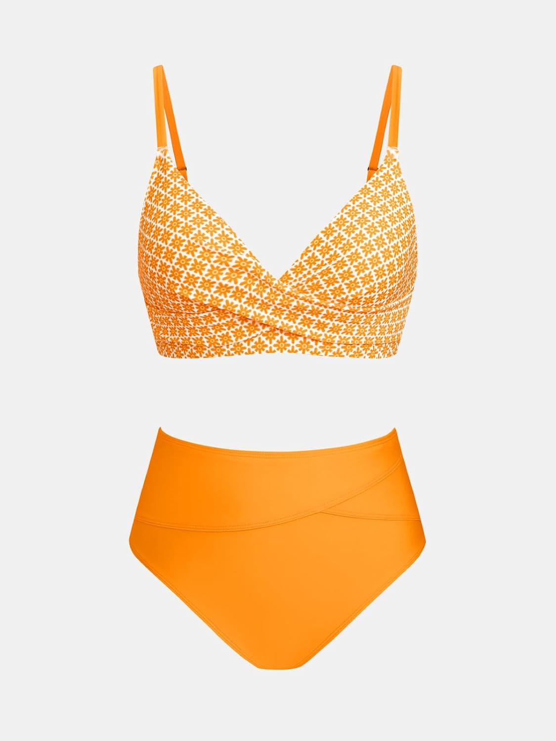 imageCUPSHE Womens Bikini Sets Two Piece Swimsuit High Waisted V Neck Twist Front Adjustable Spaghetti Straps Bathing SuitBright Yellow Floral