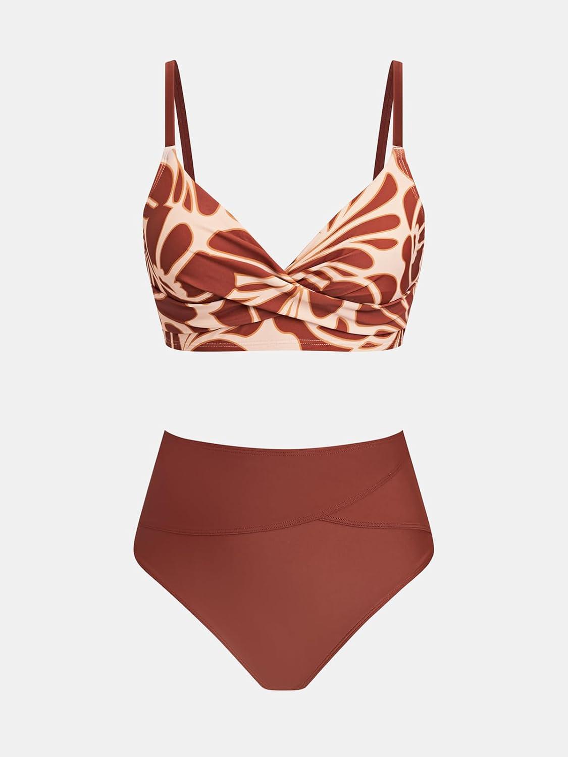 imageCUPSHE Womens Bikini Sets Two Piece Swimsuit High Waisted V Neck Twist Front Adjustable Spaghetti Straps Bathing SuitMaroon Red Floral