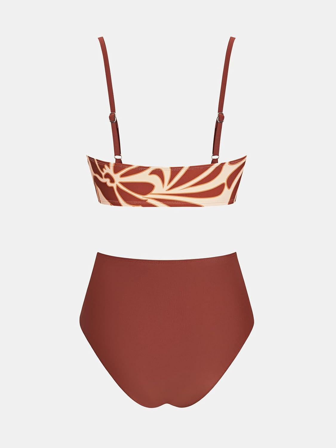 imageCUPSHE Womens Bikini Sets Two Piece Swimsuit High Waisted V Neck Twist Front Adjustable Spaghetti Straps Bathing SuitMaroon Red Floral