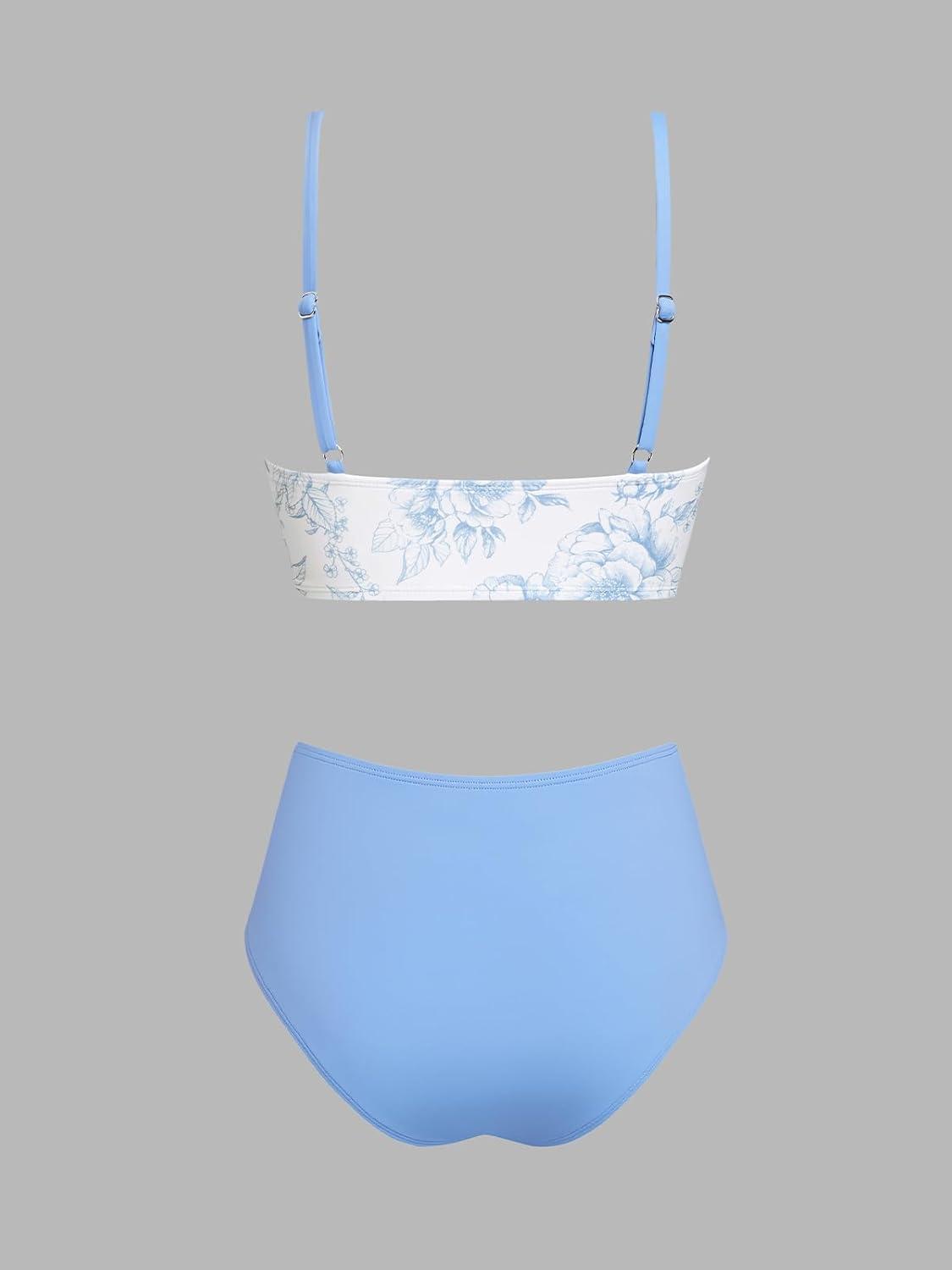imageCUPSHE Womens Bikini Sets Two Piece Swimsuit High Waisted V Neck Twist Front Adjustable Spaghetti Straps Bathing SuitWhiteSky Blue
