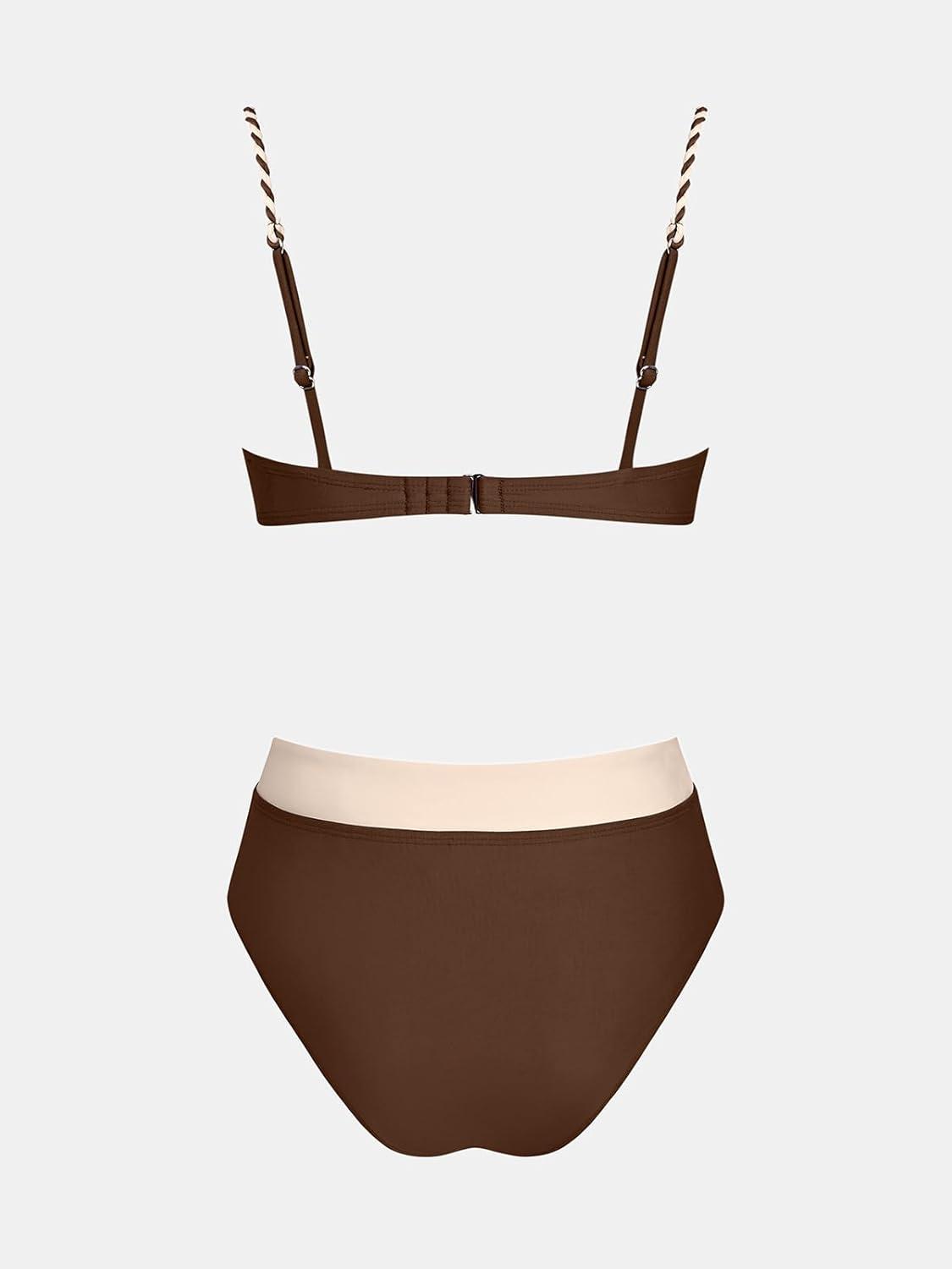 imageCUPSHE Womens Bikini Sets Two Piece Swimsuit Underwire High Waisted Bathing Suit V Cut Color BlockBeigeBrown