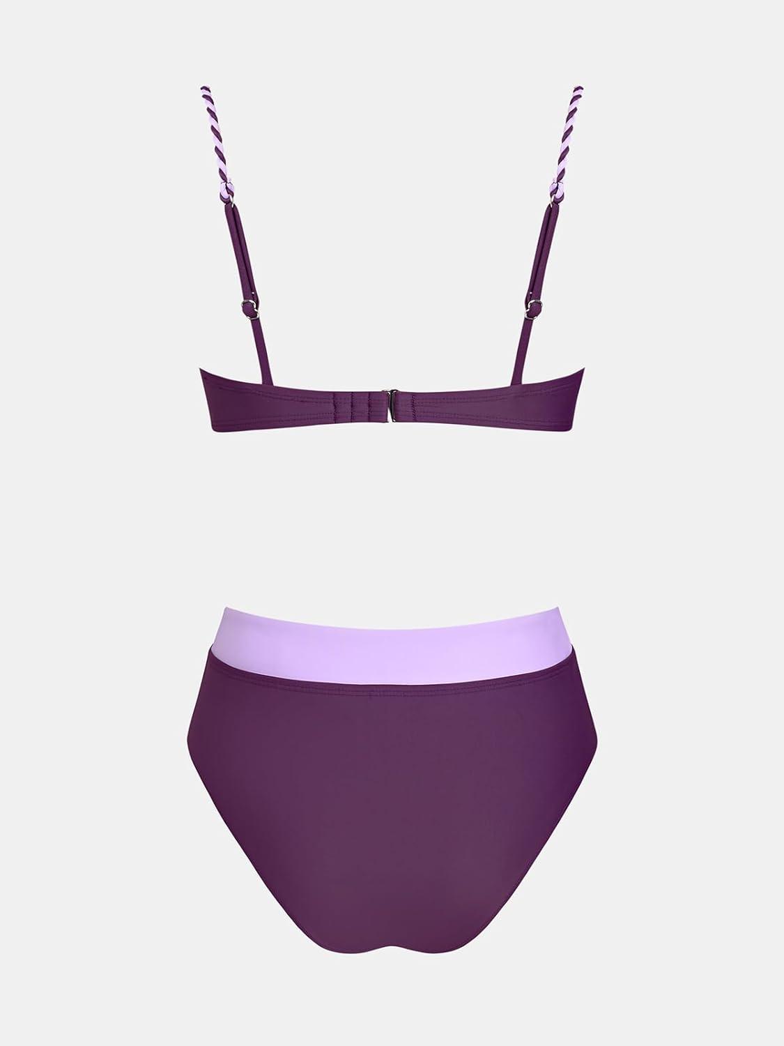 imageCUPSHE Womens Bikini Sets Two Piece Swimsuit Underwire High Waisted Bathing Suit V Cut Color BlockLavenderPurple