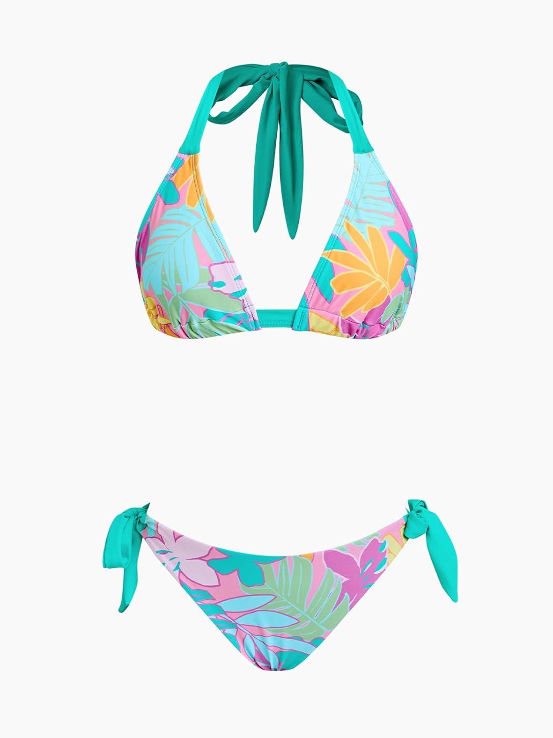 imageCUPSHE Womens Bikini Sets Two Piece Swimsuit V Neck Reversible Bottom Halter Self Tie Back HookMint BlueTropical