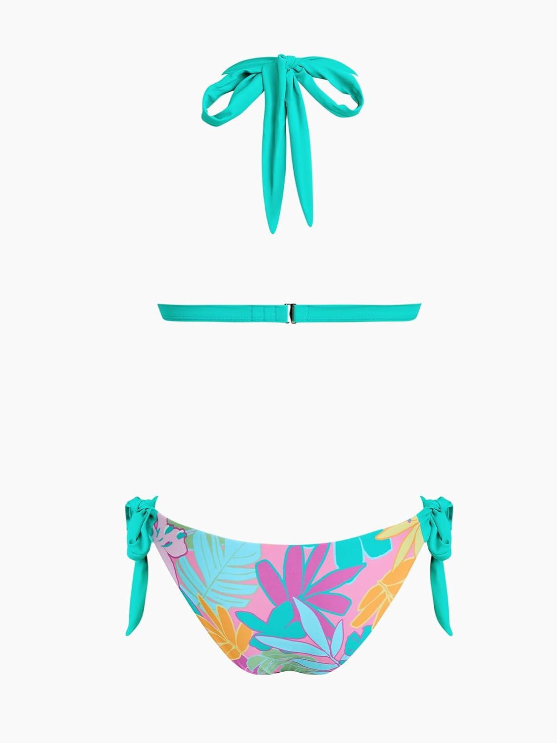 imageCUPSHE Womens Bikini Sets Two Piece Swimsuit V Neck Reversible Bottom Halter Self Tie Back HookMint BlueTropical
