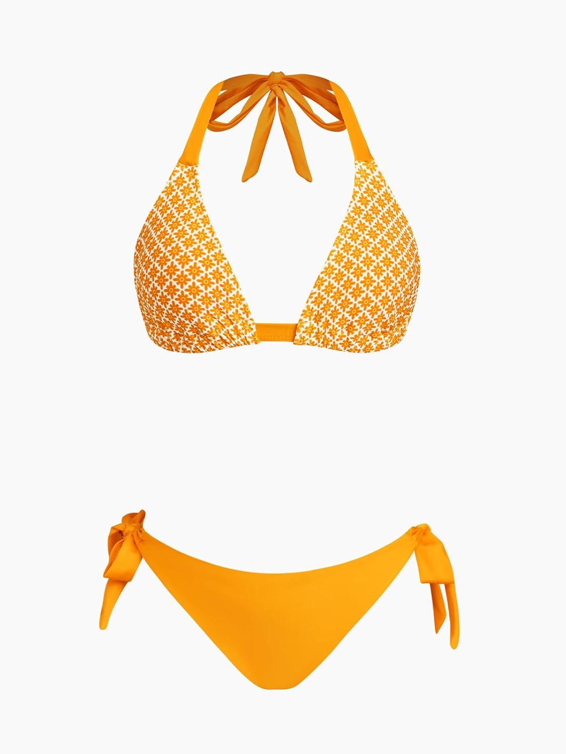 imageCUPSHE Womens Bikini Sets Two Piece Swimsuit V Neck Reversible Bottom Halter Self Tie Back HookWhiteYellowFloral