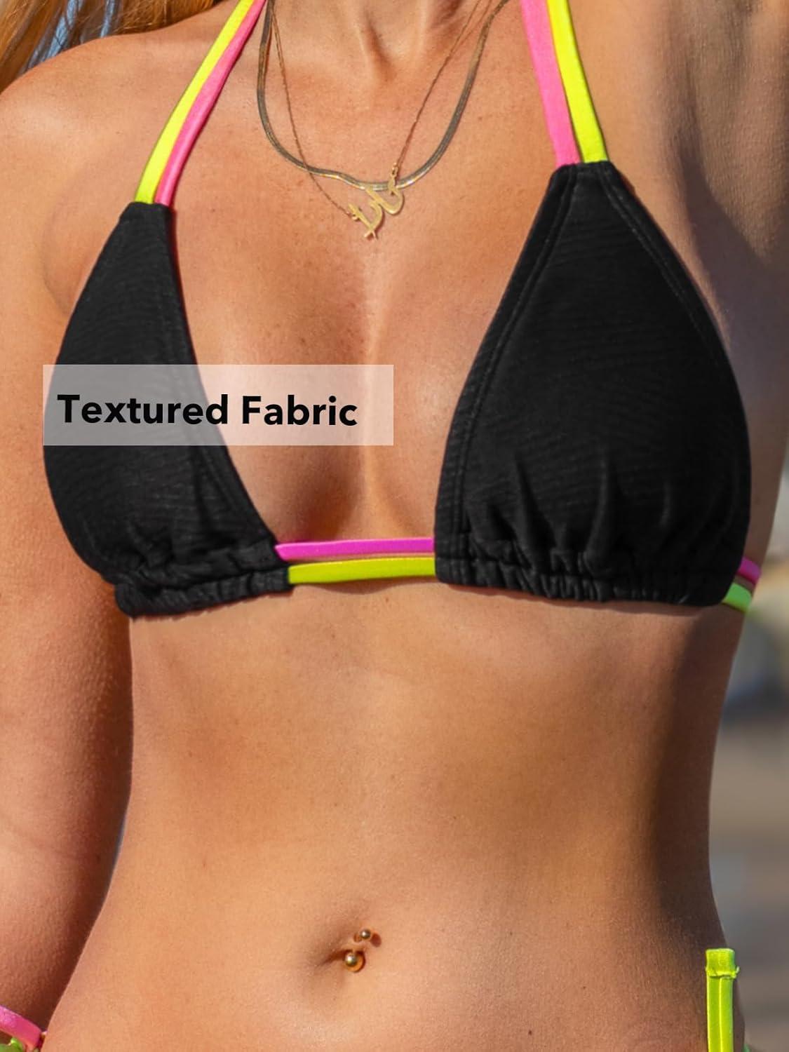 imageCUPSHE Womens Bikini Sets V Neck Two Piece Textured Back Hook Color Block Self Tie Halter Bathing SuitBlack