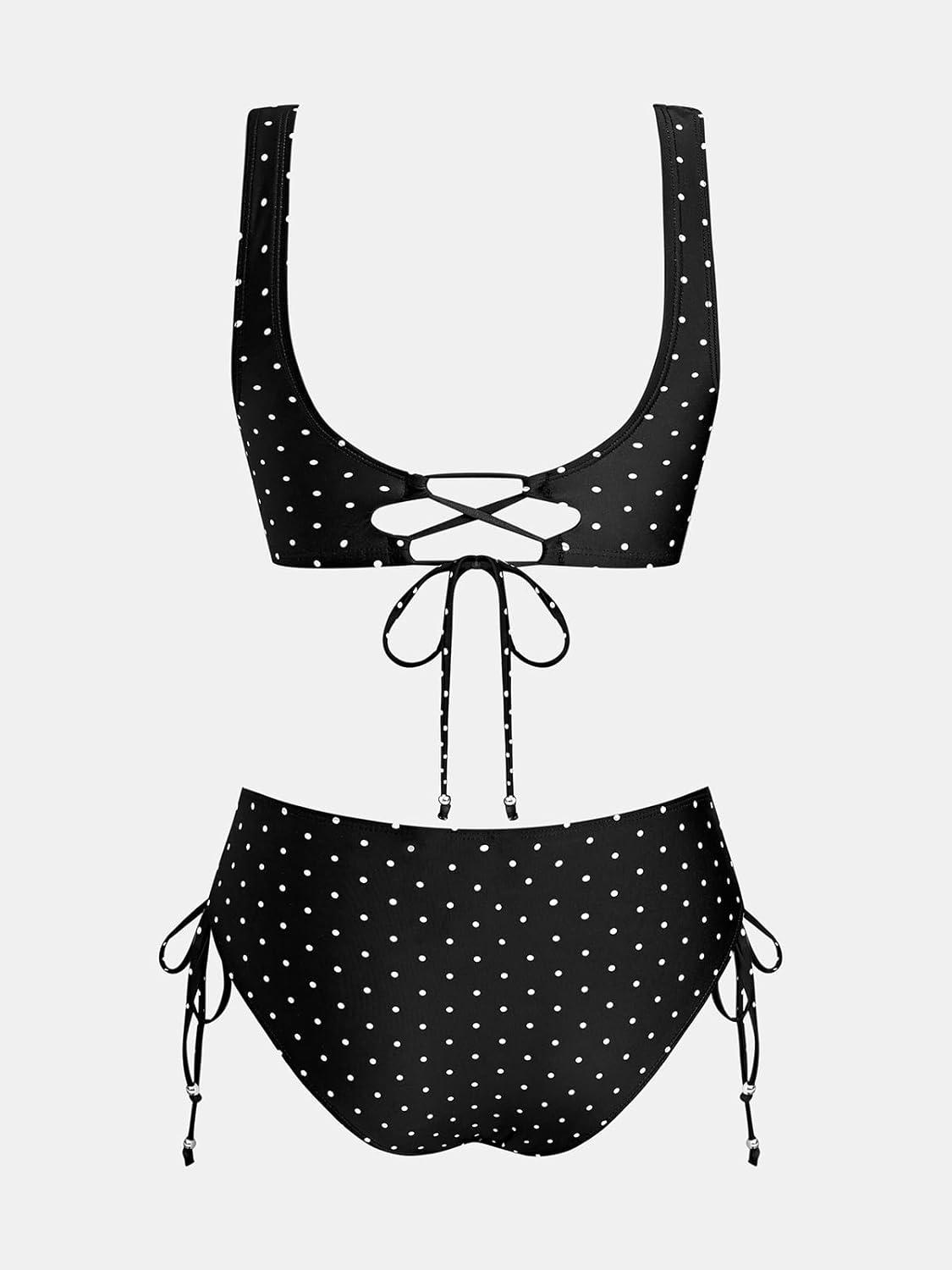 imageCUPSHE Womens Bikini Swimsuit Front Cross Lace Up Two Piece Bathing SuitBlackPolka Dot