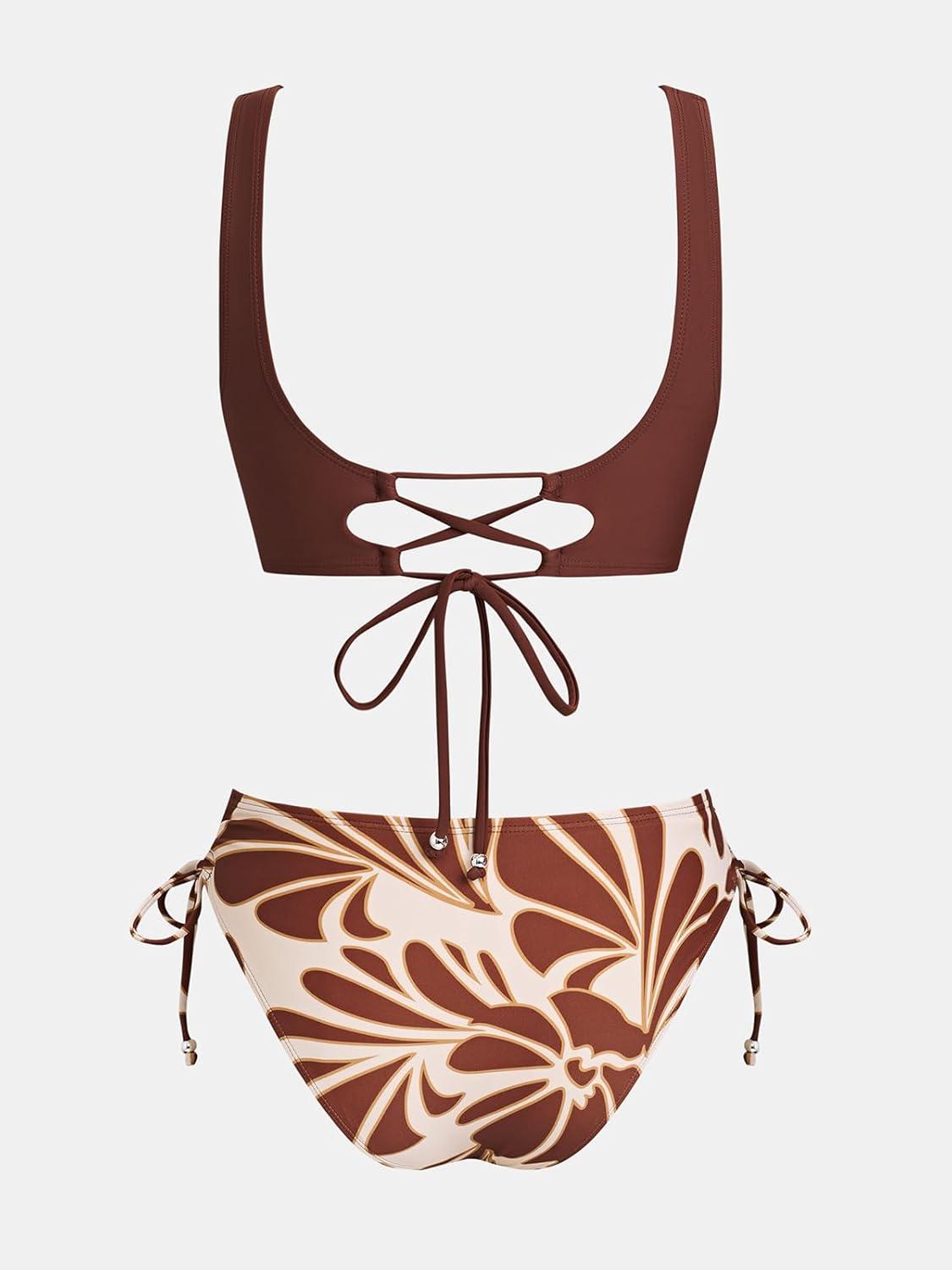 imageCUPSHE Womens Bikini Swimsuit Front Cross Lace Up Two Piece Bathing SuitMaroon RedFloral