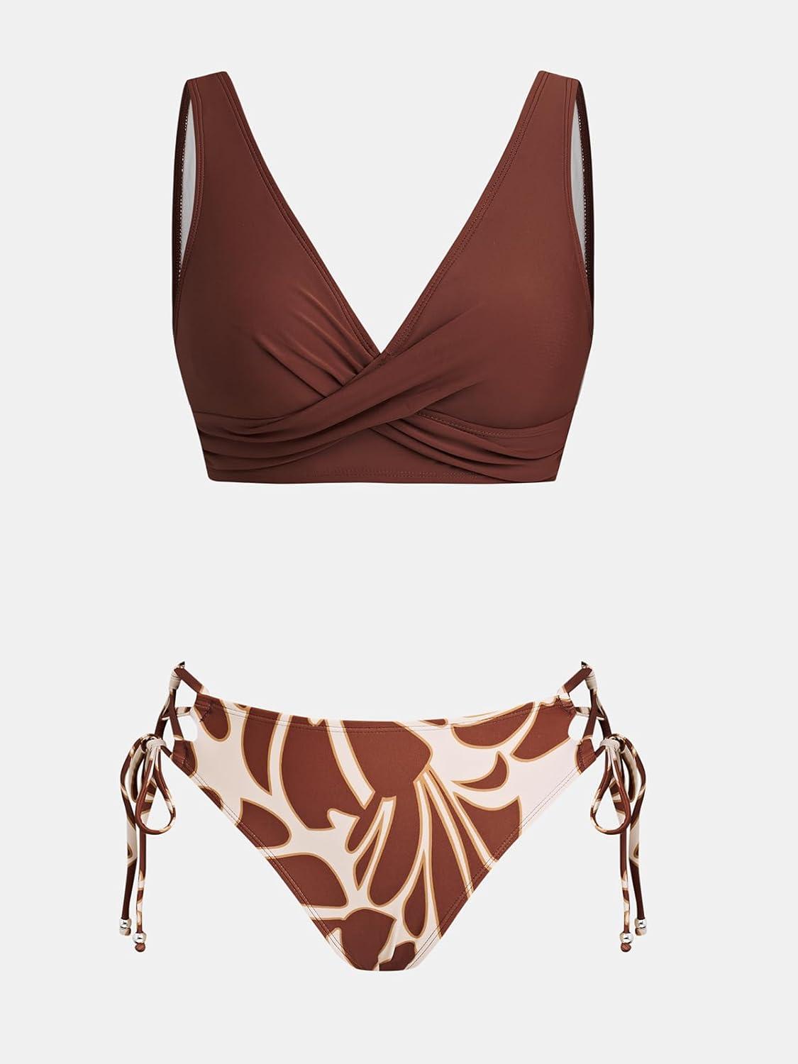 imageCUPSHE Womens Bikini Swimsuit Front Cross Lace Up Two Piece Bathing SuitMaroon RedFloral