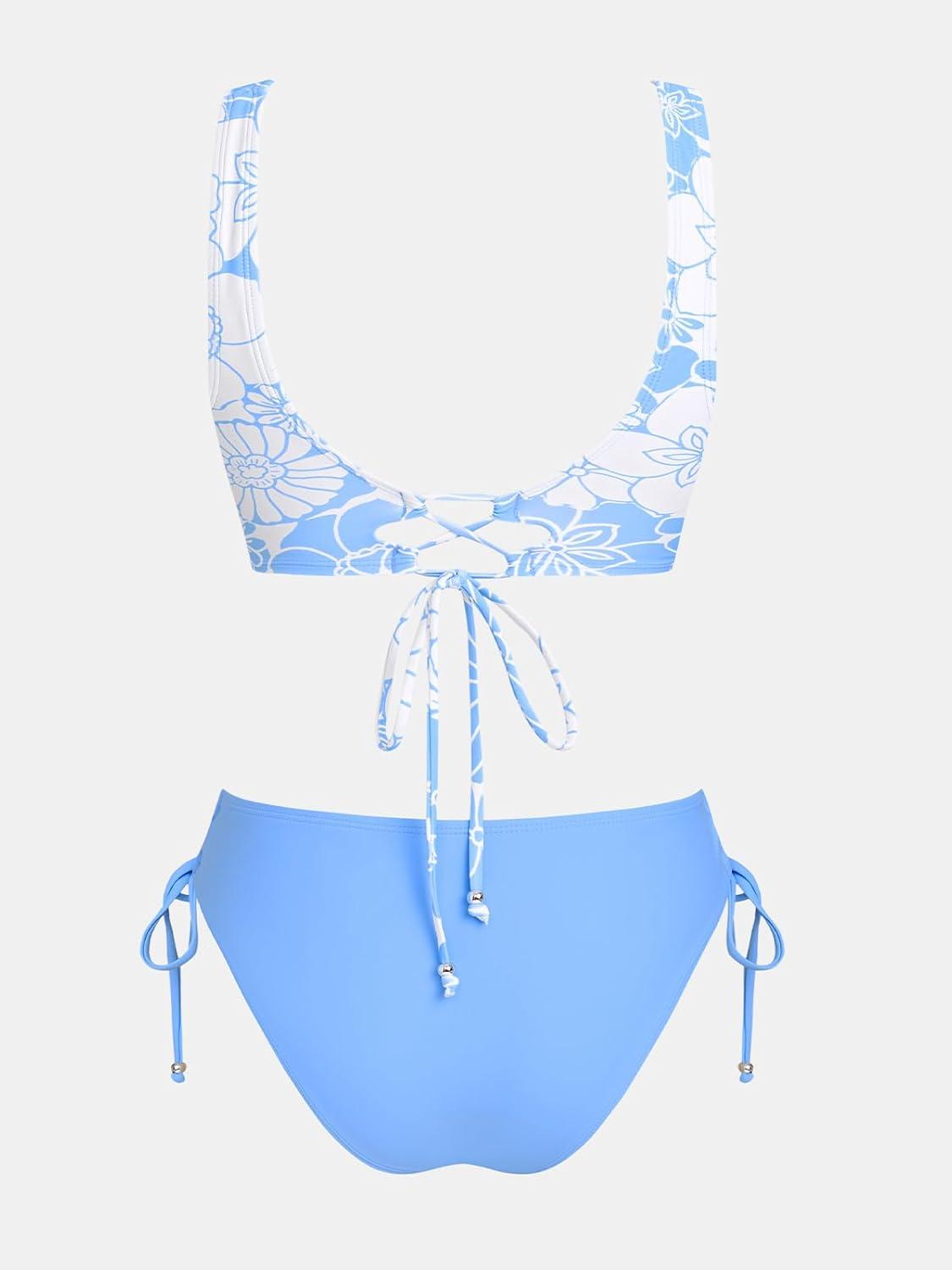 imageCUPSHE Womens Bikini Swimsuit Front Cross Lace Up Two Piece Bathing SuitSky BlueWhite