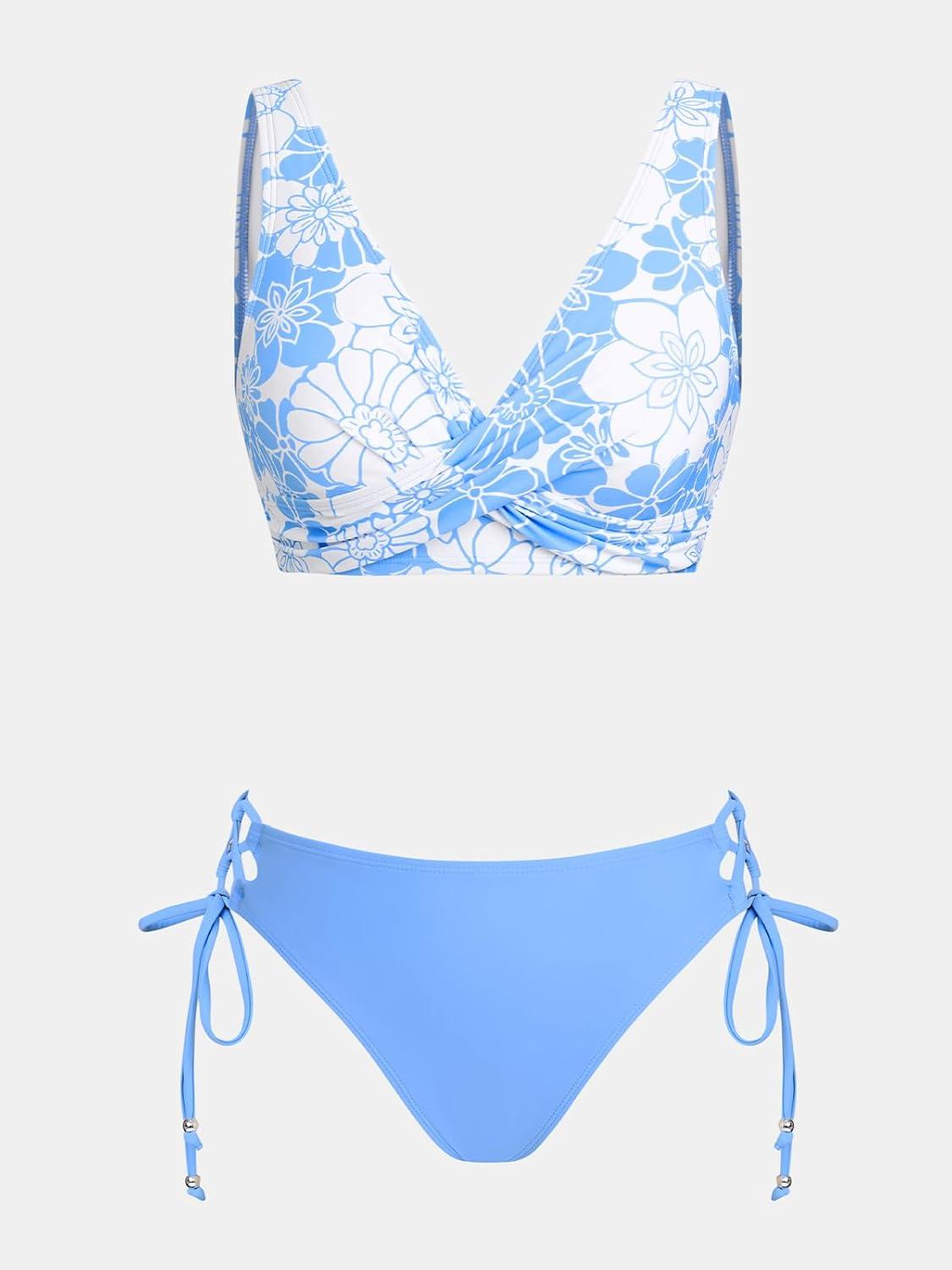 imageCUPSHE Womens Bikini Swimsuit Front Cross Lace Up Two Piece Bathing SuitSky BlueWhite