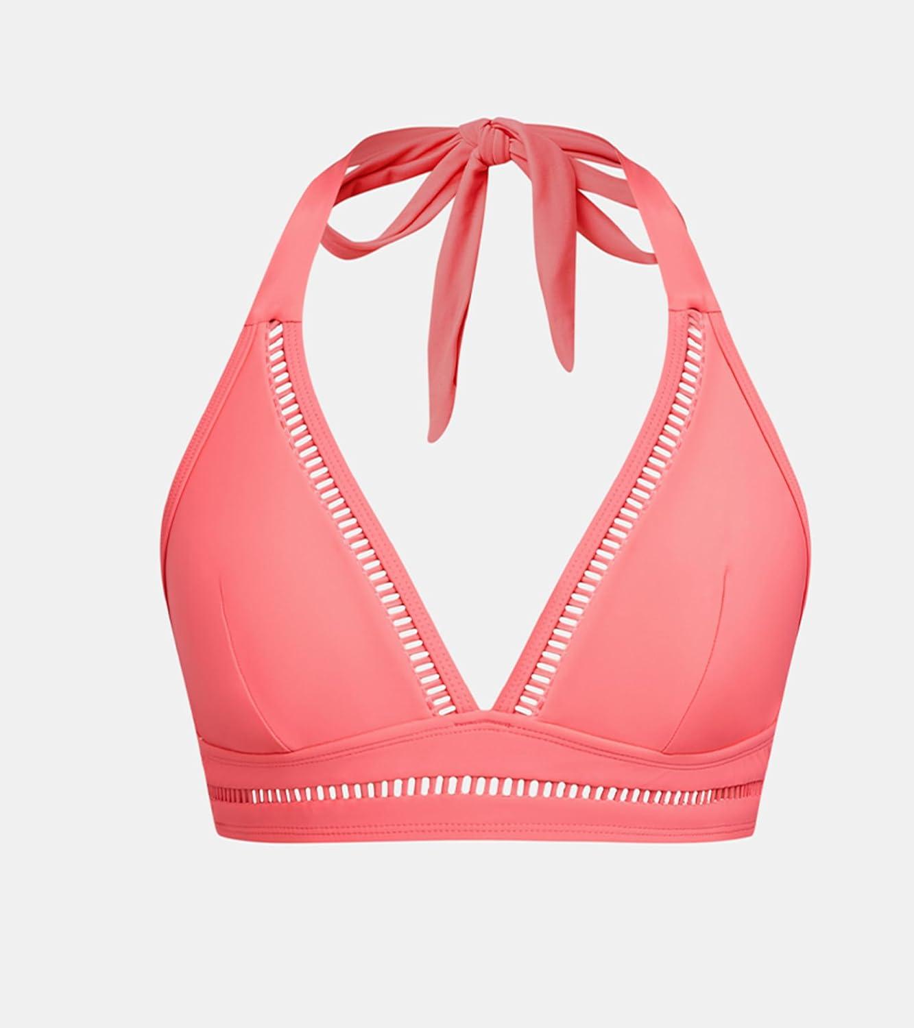 imageCUPSHE Womens Bikini Top Swimsuit Only Halter Back Tie Bathing Suit Cutout V Neck Swim TopCoral Pink