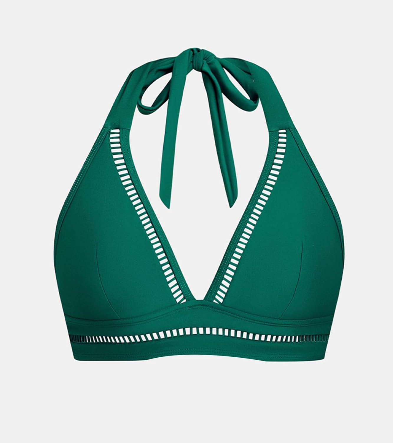imageCUPSHE Womens Bikini Top Swimsuit Only Halter Back Tie Bathing Suit Cutout V Neck Swim TopEmerald Green