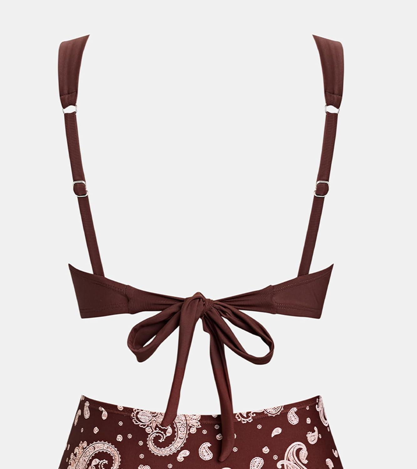 imageCUPSHE Womens Bikini Top V Neck Twist Front Back Self Tie Adjustable StrapsBrown Paisley