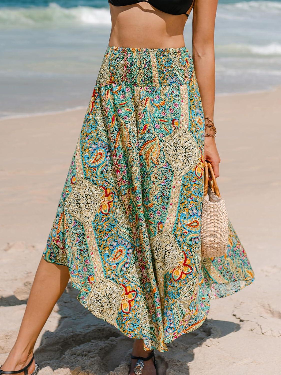 imageCUPSHE Womens Summer Maxi Skirt Abstract Irregular Hem Strapless Dress High Waist Smocked Coverup Casual Midi SkirtColorful