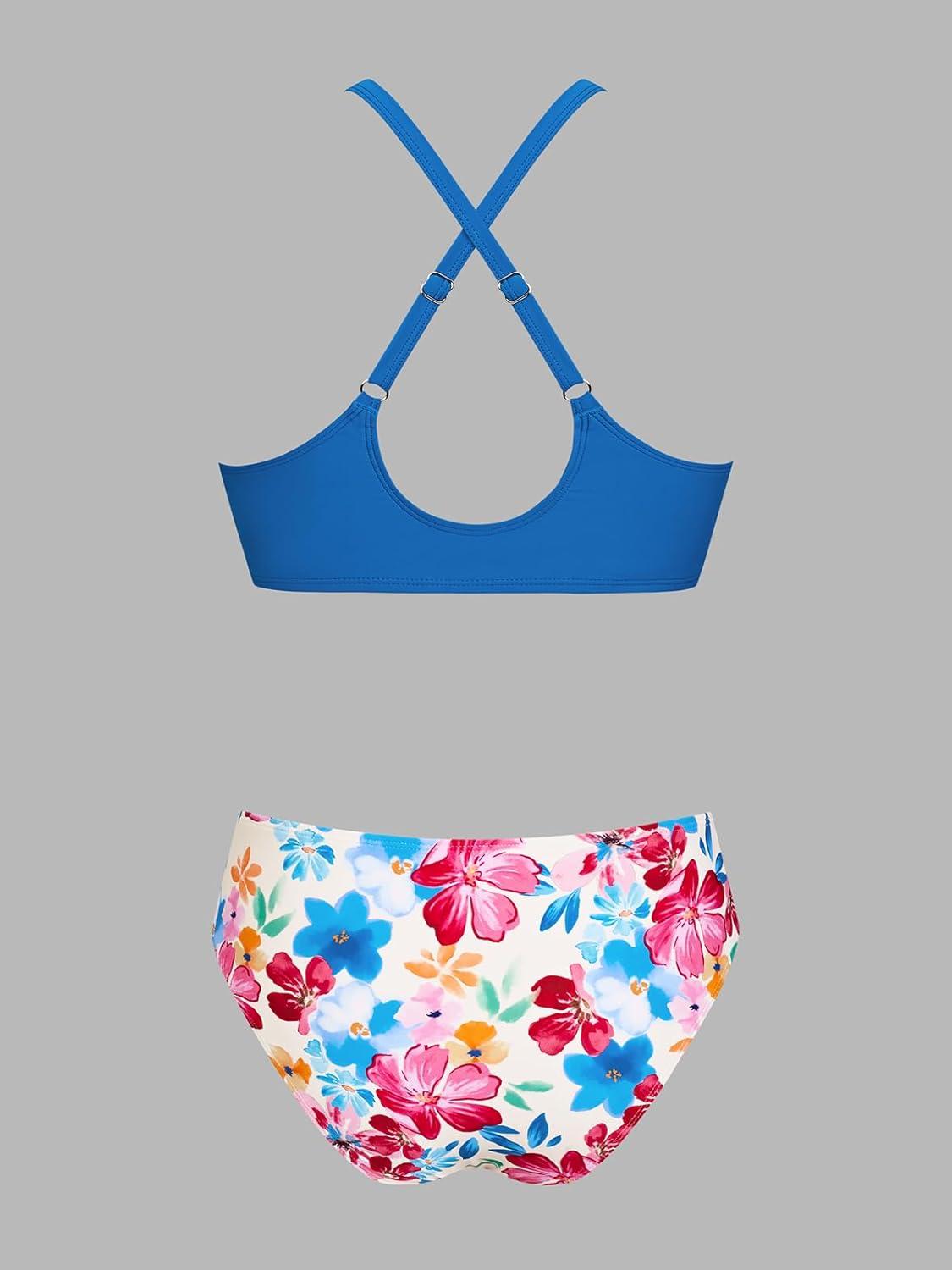 imageCUPSHE Womens Two Piece Bikini Set Floral Print Knot Bunny TieBluePink Floral