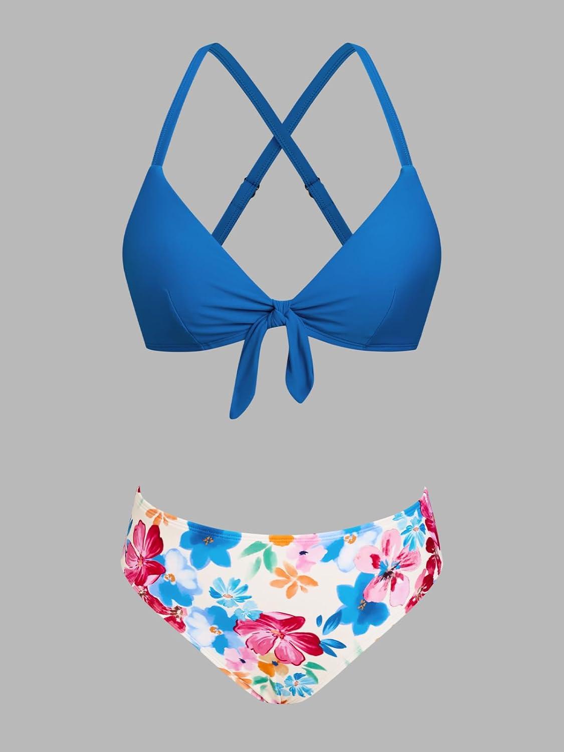 imageCUPSHE Womens Two Piece Bikini Set Floral Print Knot Bunny TieBluePink Floral