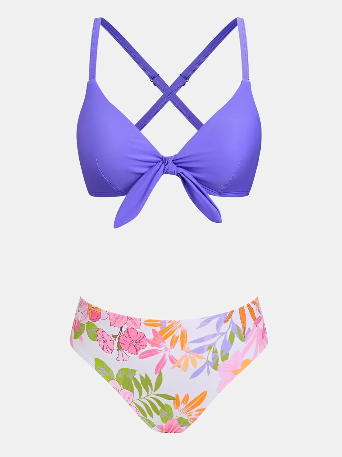 imageCUPSHE Womens Two Piece Bikini Set Floral Print Knot Bunny TiePurplePink Floral