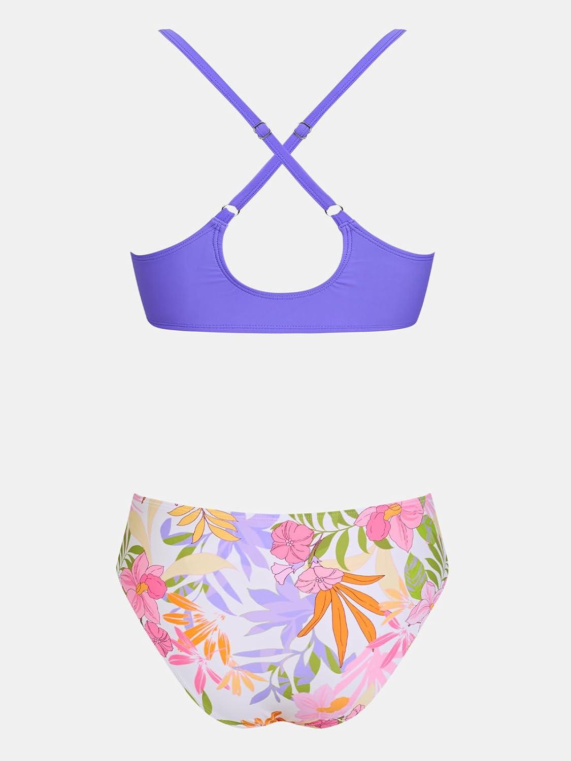 imageCUPSHE Womens Two Piece Bikini Set Floral Print Knot Bunny TiePurplePink Floral