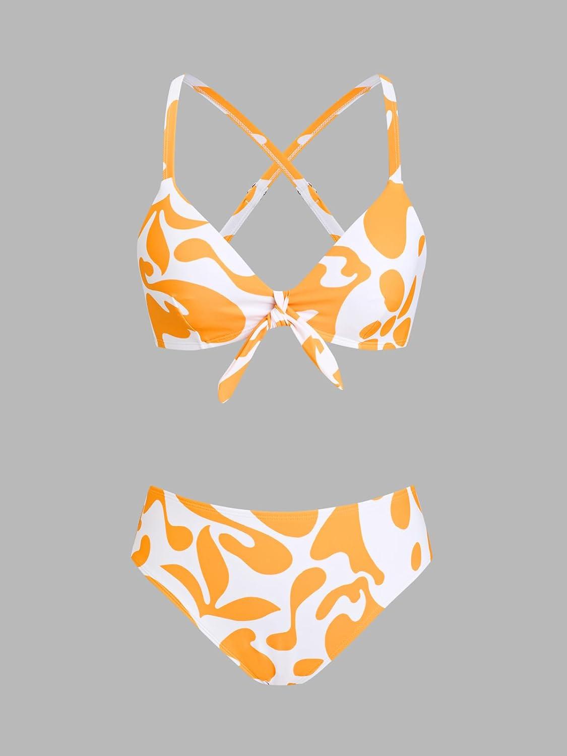 imageCUPSHE Womens Two Piece Bikini Set Floral Print Knot Bunny TieWhiteYellow Floral