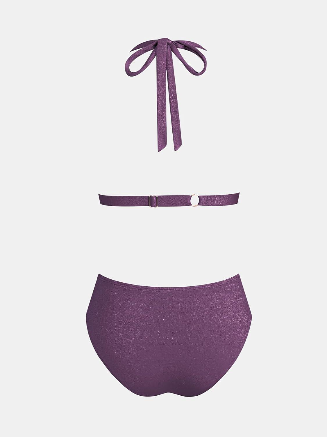imageCUPSHE Womens Two Piece Bikini Sets V Neck Bathing Suits Textured Halter Side Shirred Back Hook Adjustable StrapsPurple
