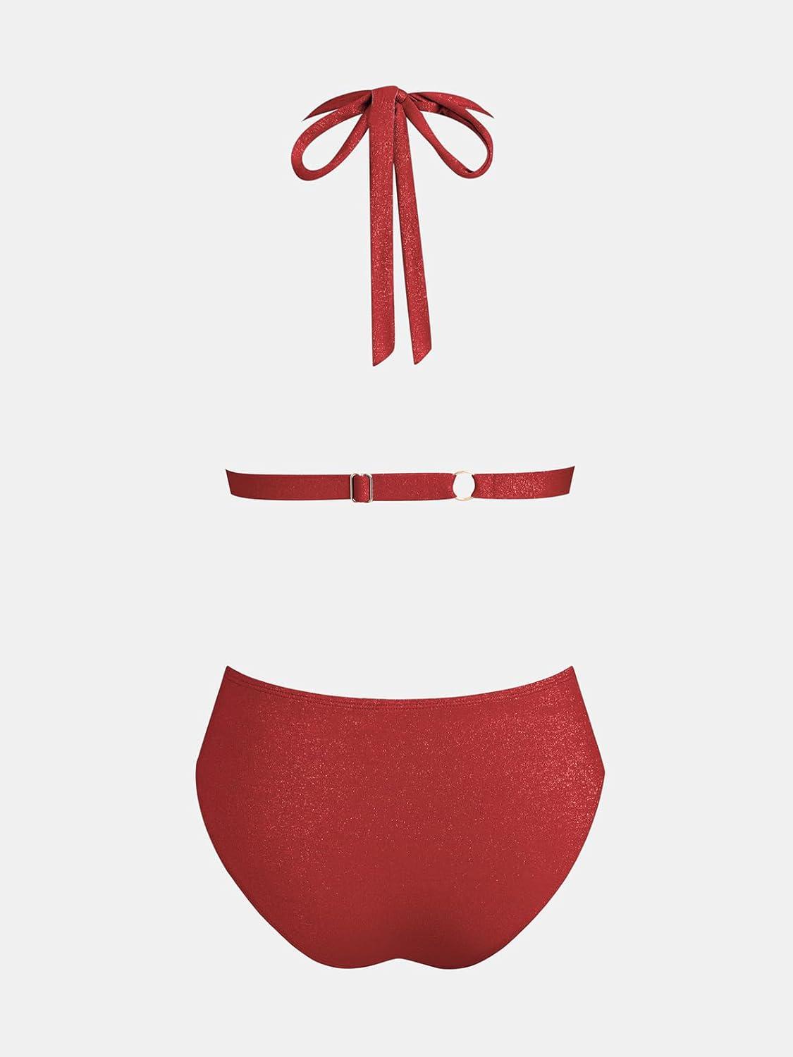 imageCUPSHE Womens Two Piece Bikini Sets V Neck Bathing Suits Textured Halter Side Shirred Back Hook Adjustable StrapsRuby Red