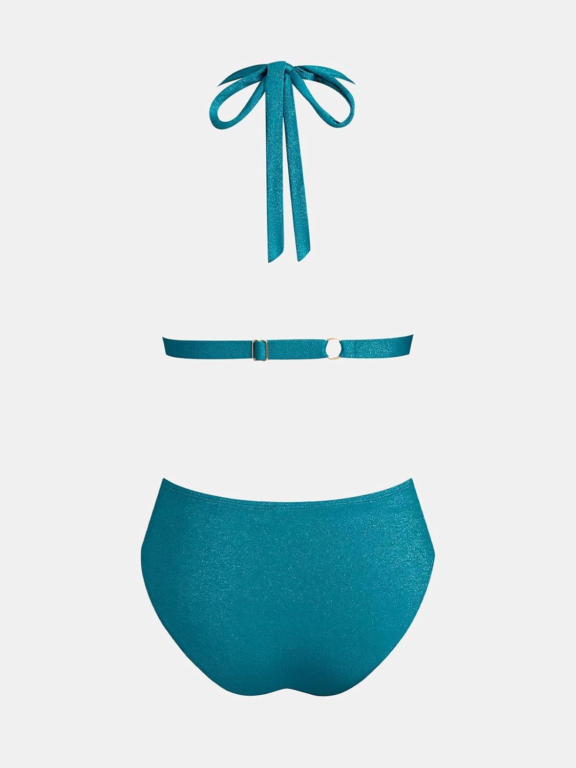 imageCUPSHE Womens Two Piece Bikini Sets V Neck Bathing Suits Textured Halter Side Shirred Back Hook Adjustable StrapsTeal Blue