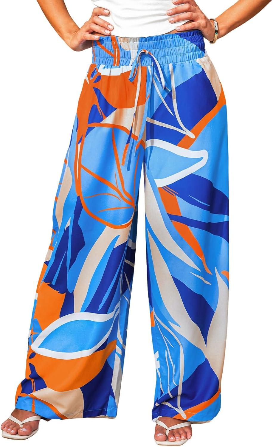 imageCUPSHE Womens Wide Leg Palazzo Pants Elastic High Waisted Summer Boho Tropical Beach Flowy TrousersAbstract Blue