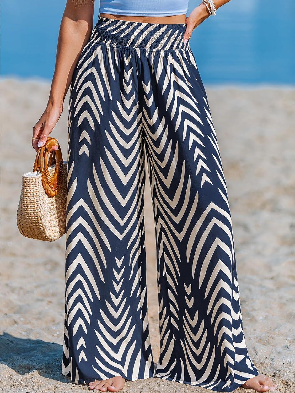imageCUPSHE Womens Wide Leg Palazzo Pants Elastic High Waisted Summer Boho Tropical Beach Flowy TrousersBlack