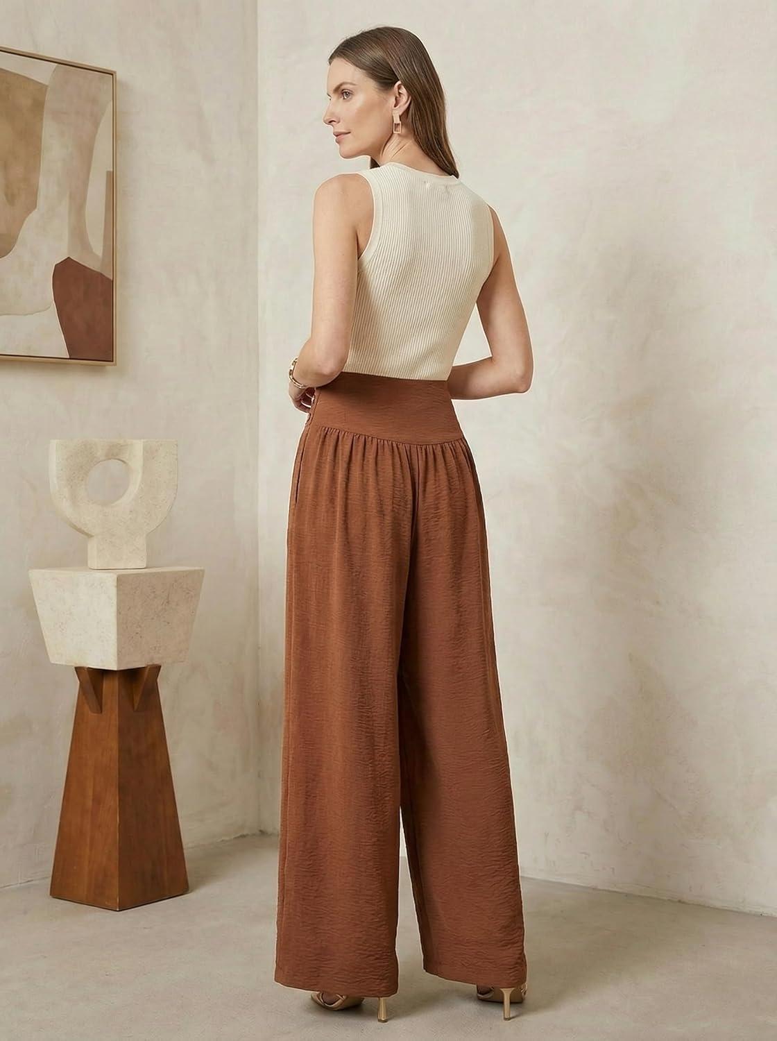 imageCUPSHE Womens Wide Leg Palazzo Pants Elastic High Waisted Summer Boho Tropical Beach Flowy TrousersBrown