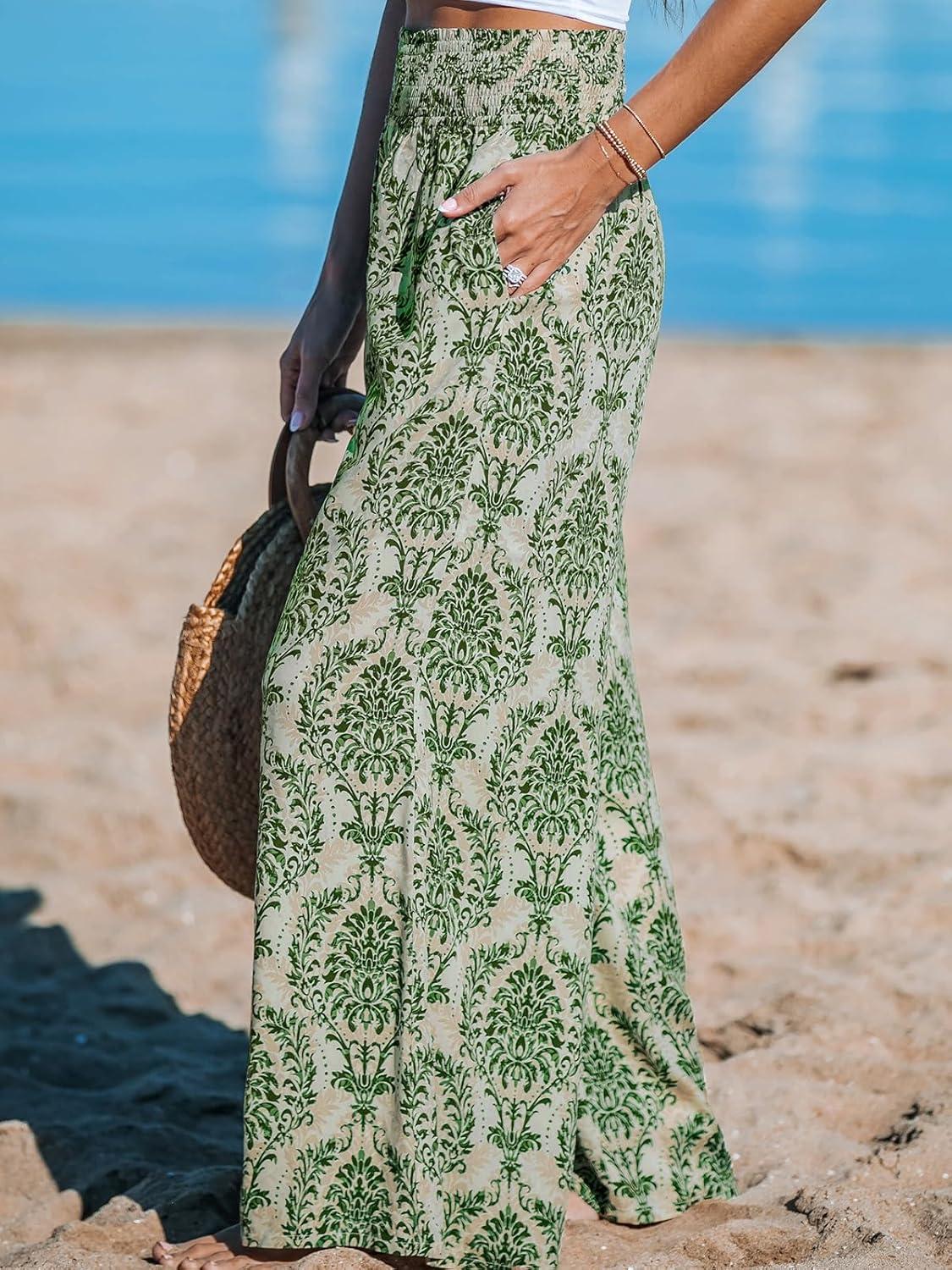 imageCUPSHE Womens Wide Leg Palazzo Pants Elastic High Waisted Summer Boho Tropical Beach Flowy TrousersGreen