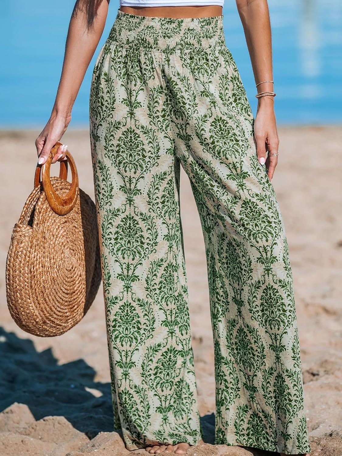 imageCUPSHE Womens Wide Leg Palazzo Pants Elastic High Waisted Summer Boho Tropical Beach Flowy TrousersGreen