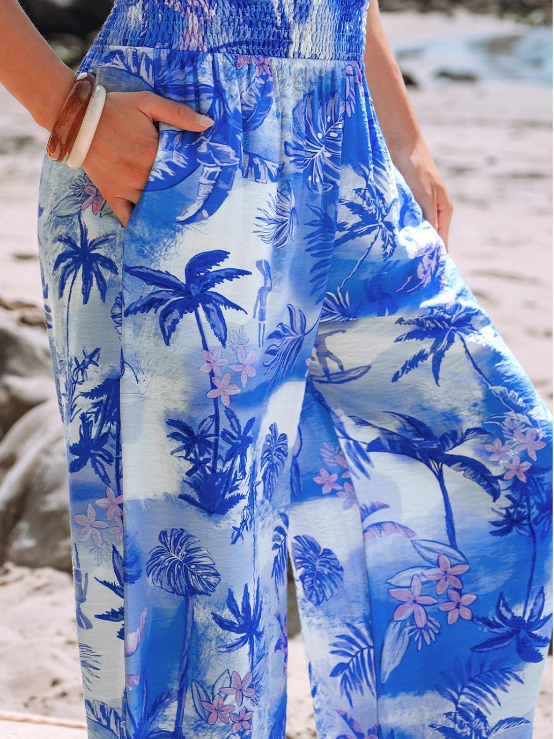 imageCUPSHE Womens Wide Leg Palazzo Pants Elastic High Waisted Summer Boho Tropical Beach Flowy TrousersOcean Blue