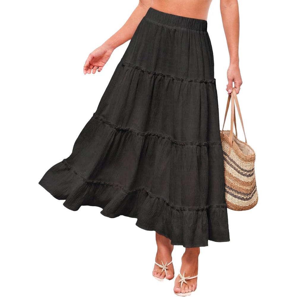 imageCUPSHE Maxi Skirts for Women 2026 Summer Floral Casual Pleated High Waisted Flowy Long Skirt Beach Vacation CruiseBlack