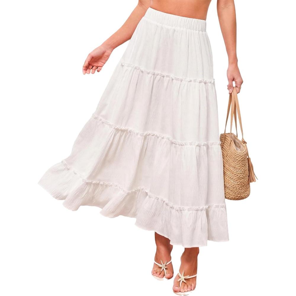 imageCUPSHE Maxi Skirts for Women 2026 Summer Floral Casual Pleated High Waisted Flowy Long Skirt Beach Vacation CruiseWhite