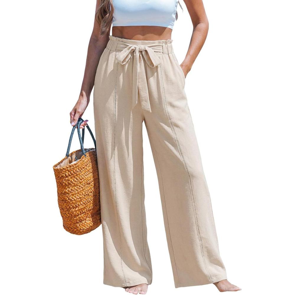 imageCUPSHE Palazzo Pants for Women with Pockets Casual Smocked Waist Wide Leg Pants Summer Loose Beach Vacation PantKhaki