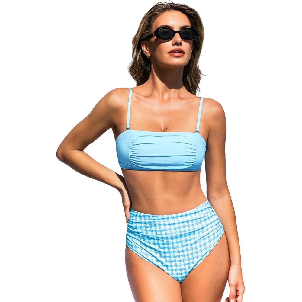 imageCUPSHE Two Piece Swimsuit for Women High Waisted Square Neck Removable Straps Ruching Bathing SuitsSky BlueGingham