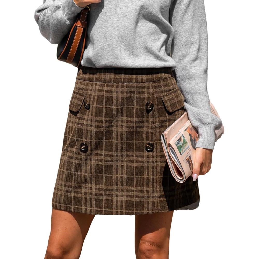 imageCUPSHE Women Mini Plaid Skirts Tweed High Waist Bodycon Pencil Hem Spring Summer Dressy Outfits ShortsCoffee